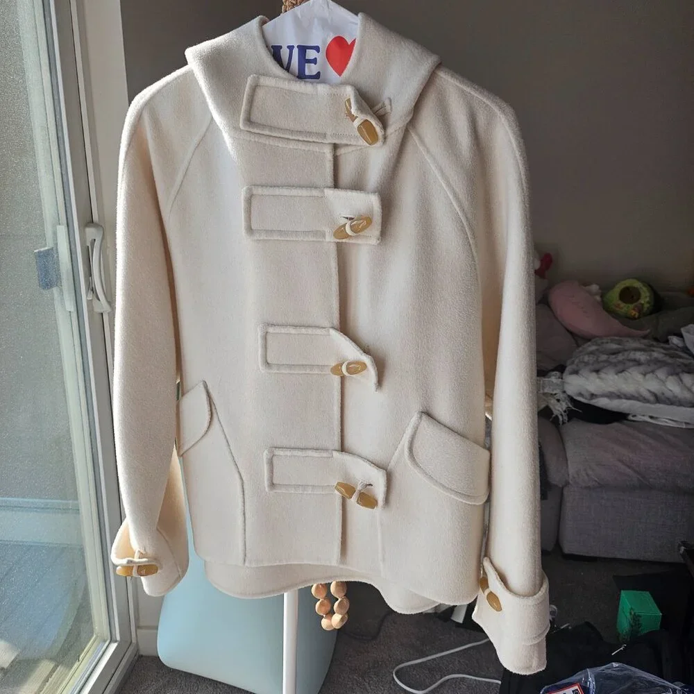 Fangyan Elegant White Cream Toggle Wool Coat with Hood Size XS
